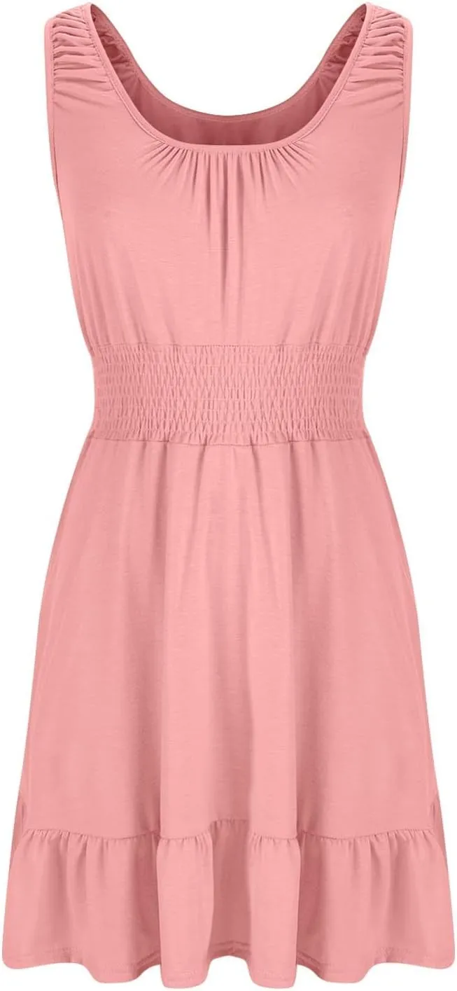 Sundresses for Women 2025 Casual Loose Vacation Dresses Sleeveless Print Dresses Elastic Waist Mini Sundress