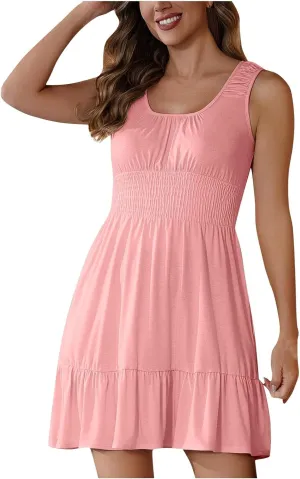 Sundresses for Women 2025 Casual Loose Vacation Dresses Sleeveless Print Dresses Elastic Waist Mini Sundress