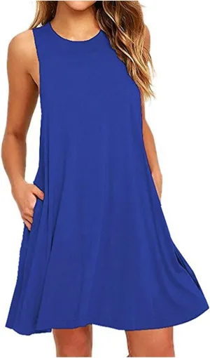 Sundresses for Women 2025 Trendy Casual Beach Vacation Cute A-Line Mini Dress Crewneck Solid Short Dress with Pocket