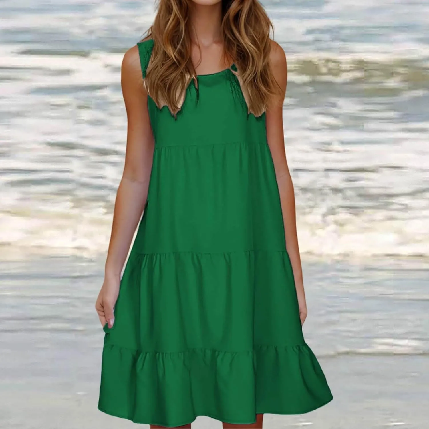 Sundresses for Women 2025 Vacation Summer Beach Dresses Casual Flowy Knee Length Tshirt Dress Sleeveless Ruffle Dress