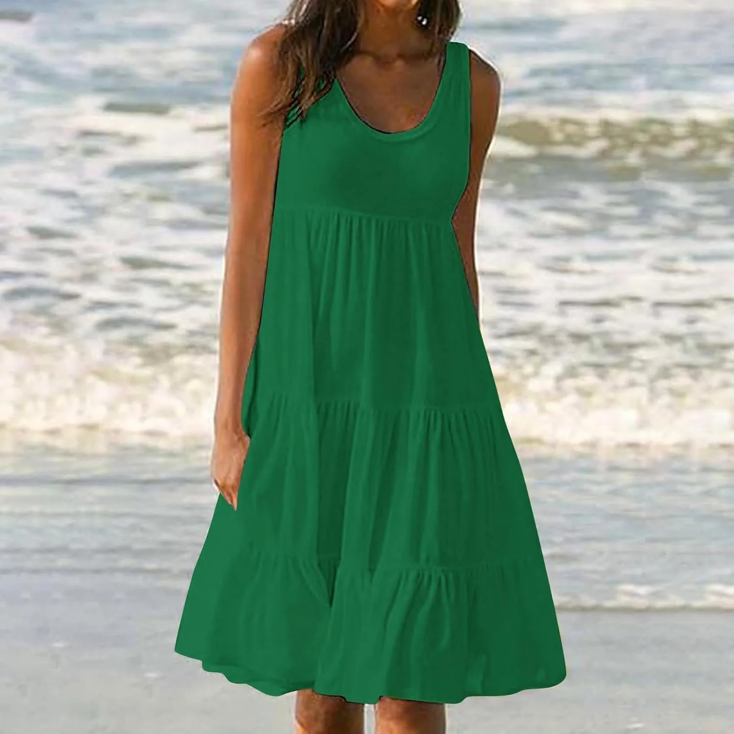 Sundresses for Women 2025 Vacation Summer Beach Dresses Casual Flowy Knee Length Tshirt Dress Sleeveless Ruffle Dress