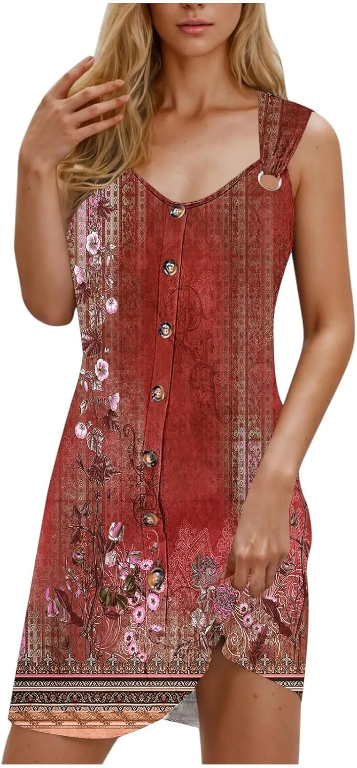 Sundresses for Women Casual Sleeveless Floral Retro Short Dresses A-Line Beach Summer Dress Trendy 2025 Vacation
