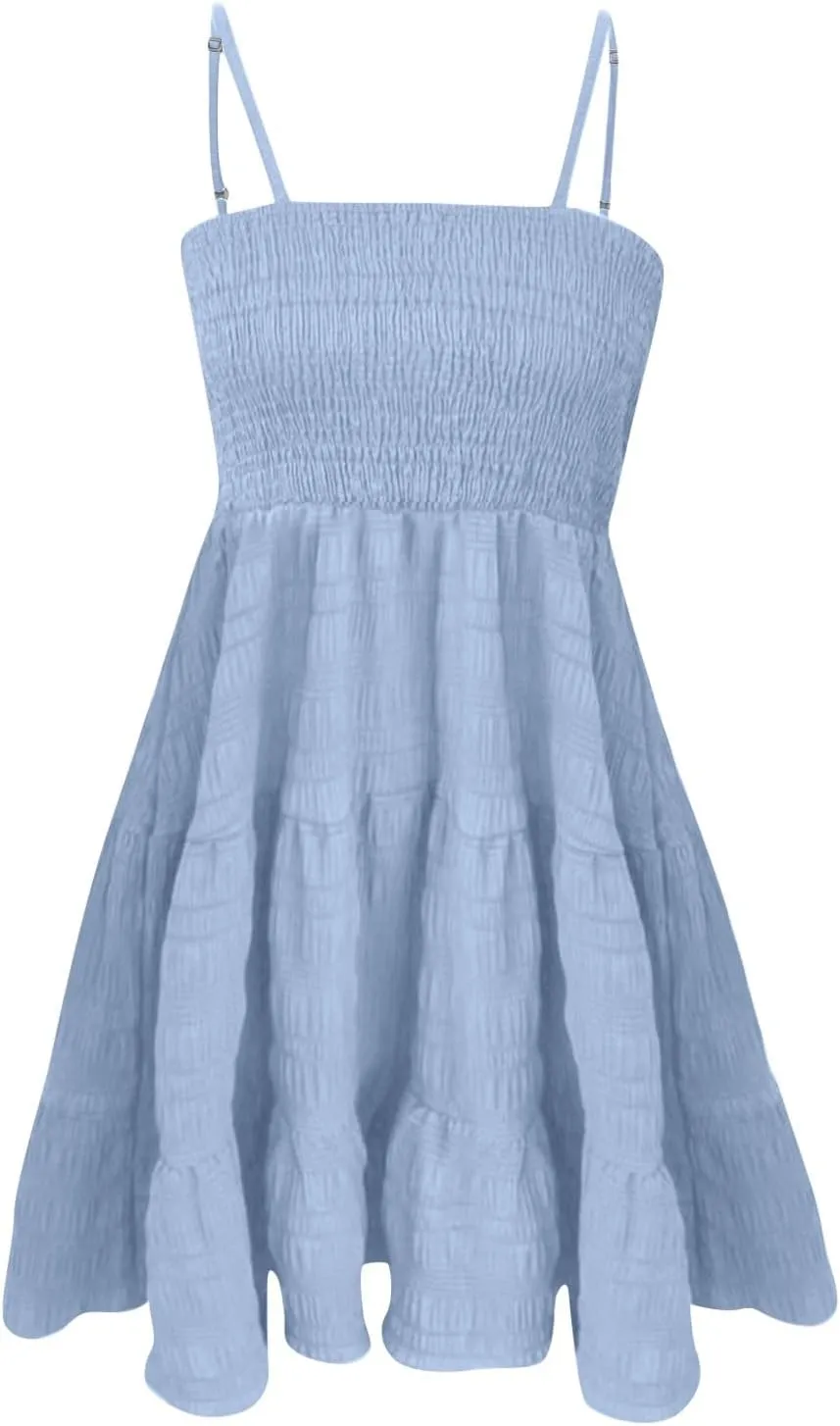 Sundresses for Women Sexy Flowy Empire Waist Backless A Line Mini Dress Trendy Boho Vintage Hawaiian Smocked Dresses