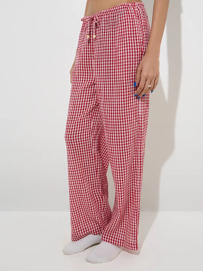 Superstar Red Gingham Printed High-Rise Cotton Pants