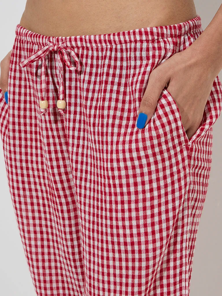Superstar Red Gingham Printed High-Rise Cotton Pants