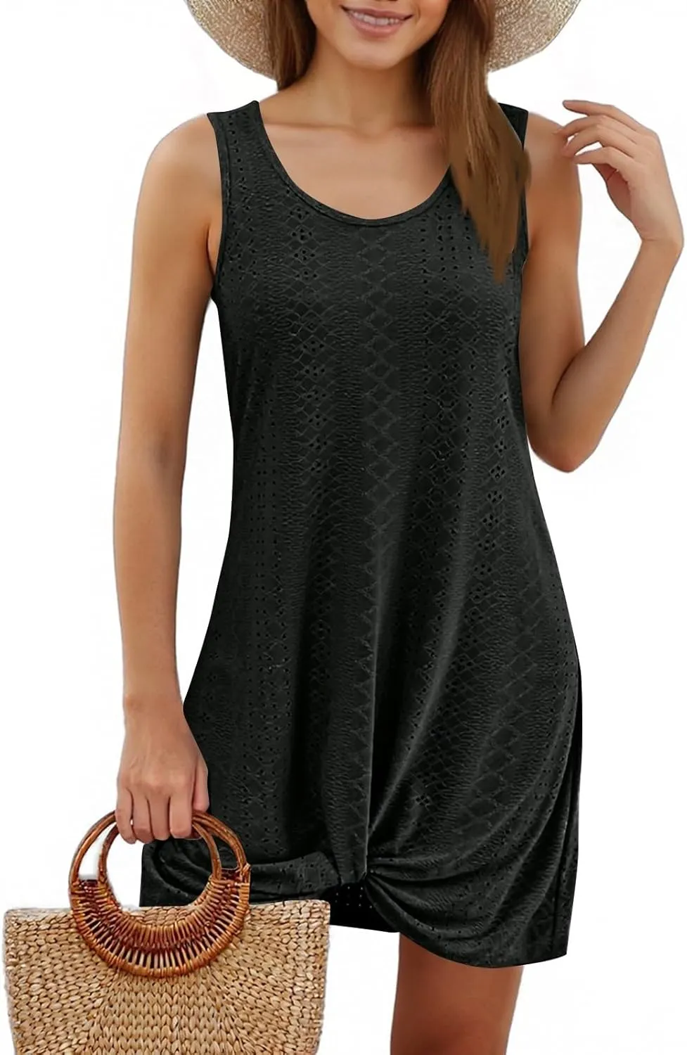 Swimsuit Coverup for Women 2025 Summer Vacation Beach Cover Up Eyelet Dress Crochet Coverups Sleeveless Short Tank Dresses