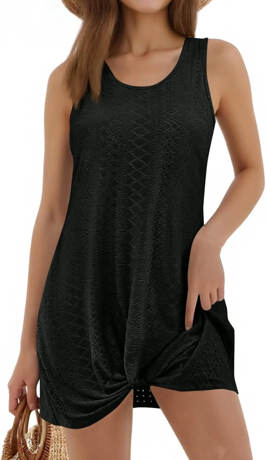 Swimsuit Coverup for Women 2025 Summer Vacation Beach Cover Up Eyelet Dress Crochet Coverups Sleeveless Short Tank Dresses
