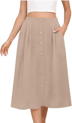 TANGNADE Women Skirts Midi Length Summer Trendy High Waist Flared Below The Knee Skirt Swing Elegant Work Office Outfits