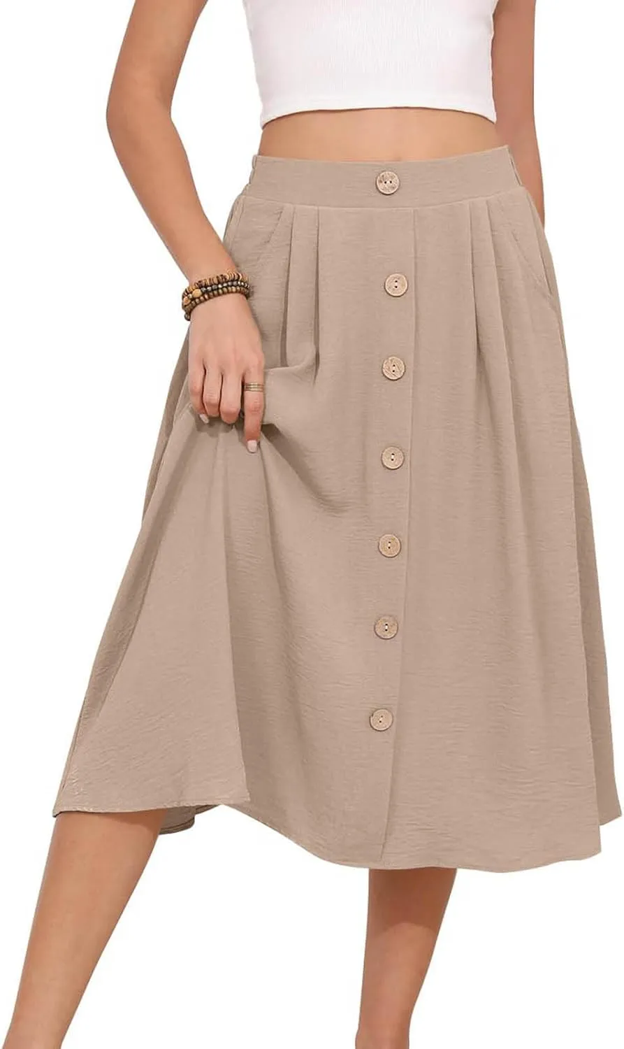 TANGNADE Women Skirts Midi Length Summer Trendy High Waist Flared Below The Knee Skirt Swing Elegant Work Office Outfits