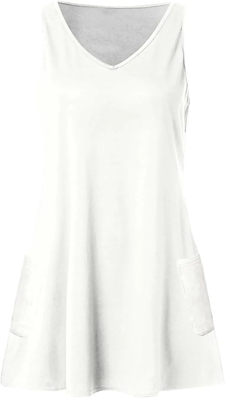 Tank Dresses with Pockets for Women Beach Boho V Neck Sleeveless Tshirt Dress Casual Loose Flowy Solid Travel Sundress