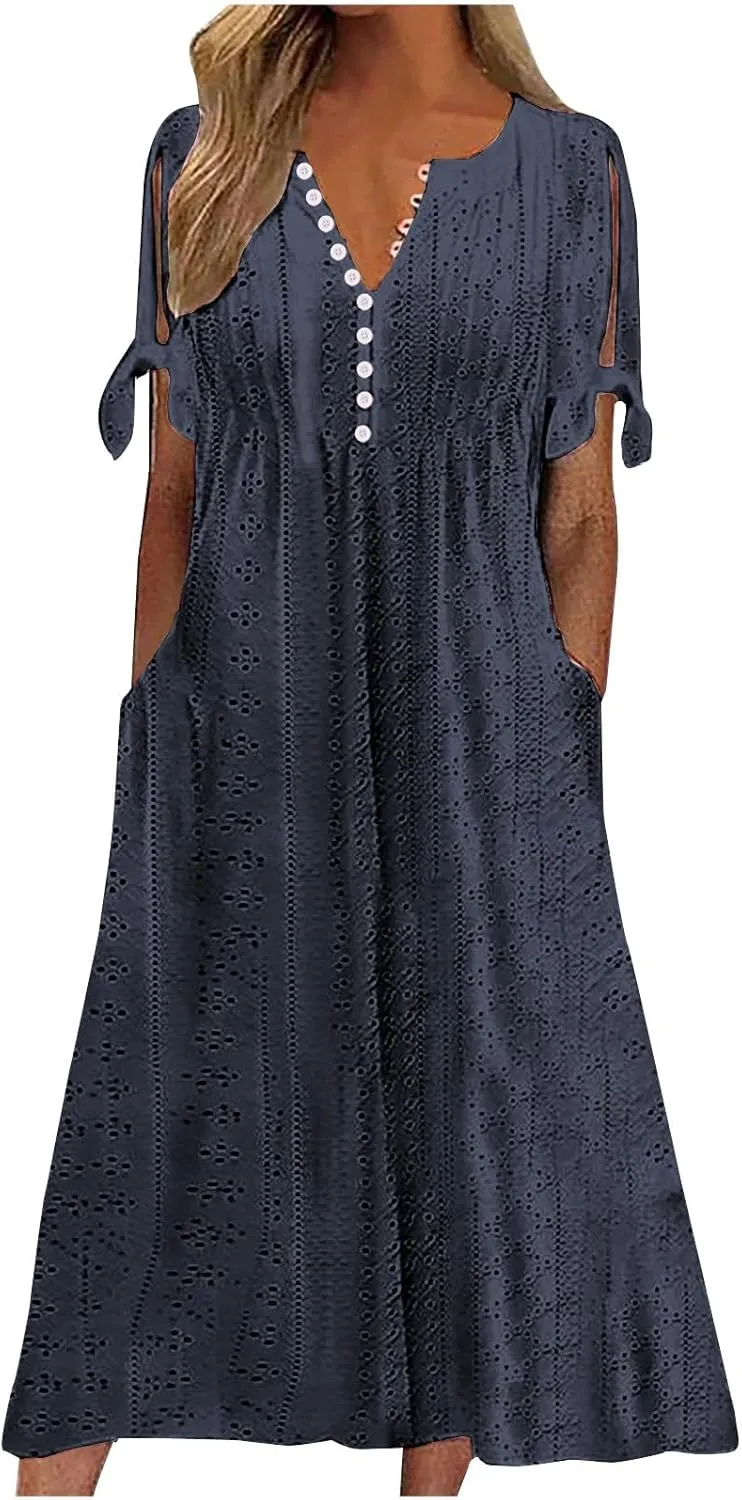 TARIENDY Eyelet Dress for Women 2025 Summer Boho Dresses Casual Short Sleeve Midi Dress Beach Vacation Outfits with Pockets