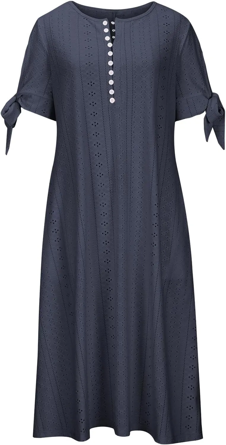 TARIENDY Eyelet Dress for Women 2025 Summer Boho Dresses Casual Short Sleeve Midi Dress Beach Vacation Outfits with Pockets