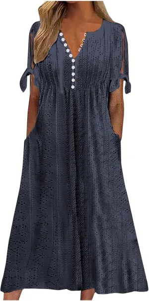 TARIENDY Eyelet Dress for Women 2025 Summer Boho Dresses Casual Short Sleeve Midi Dress Beach Vacation Outfits with Pockets