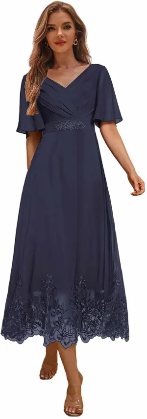Tea Length Mother of The Bride Dresses for Wedding Lace Beaded Formal Evening Dress with Sleeves