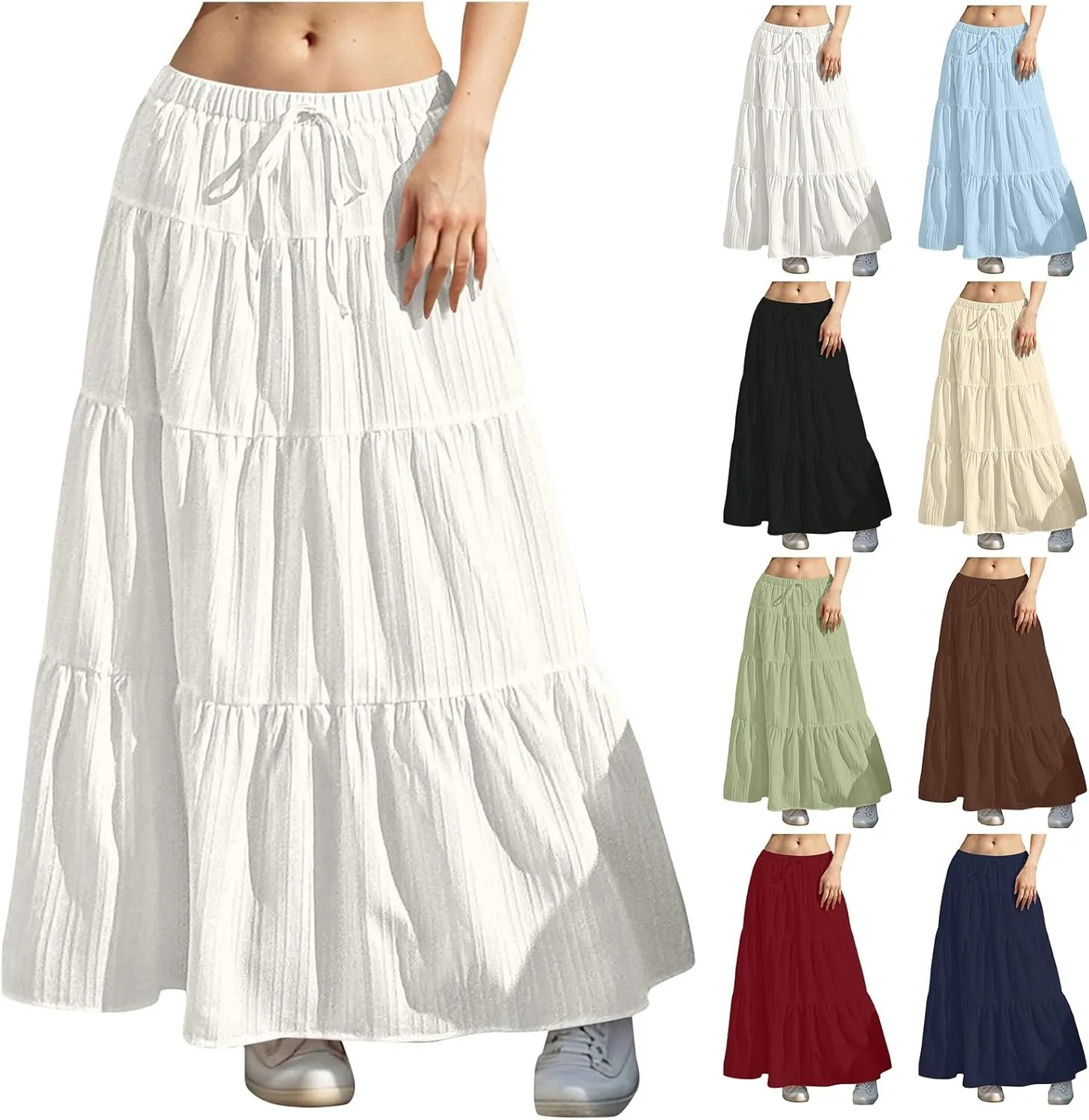 Tiered Long Skirts for Women Drawstring High Waisted Pleated Ruffle Maxi Skirt Flowy Swing Vacation Beach Skirt