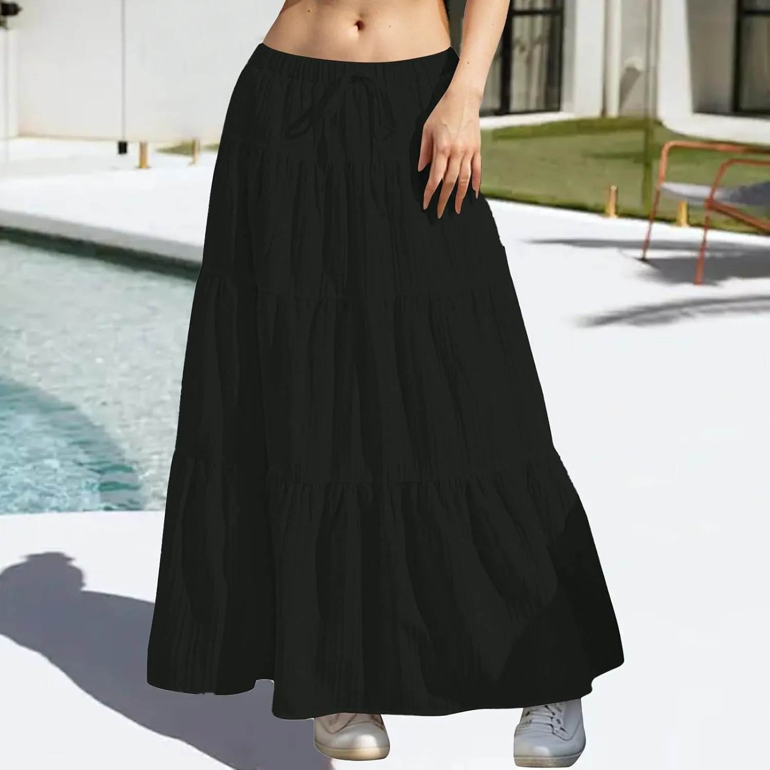 Tiered Long Skirts for Women Drawstring High Waisted Pleated Ruffle Maxi Skirt Flowy Swing Vacation Beach Skirt