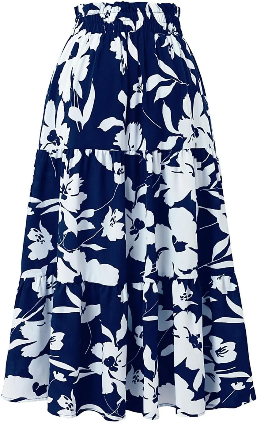Tiered Maxi Skirts for Women Comfy Elastic High Waisted Ruffle Hem Flowy Swing Summer Cover Ups Long Skorts