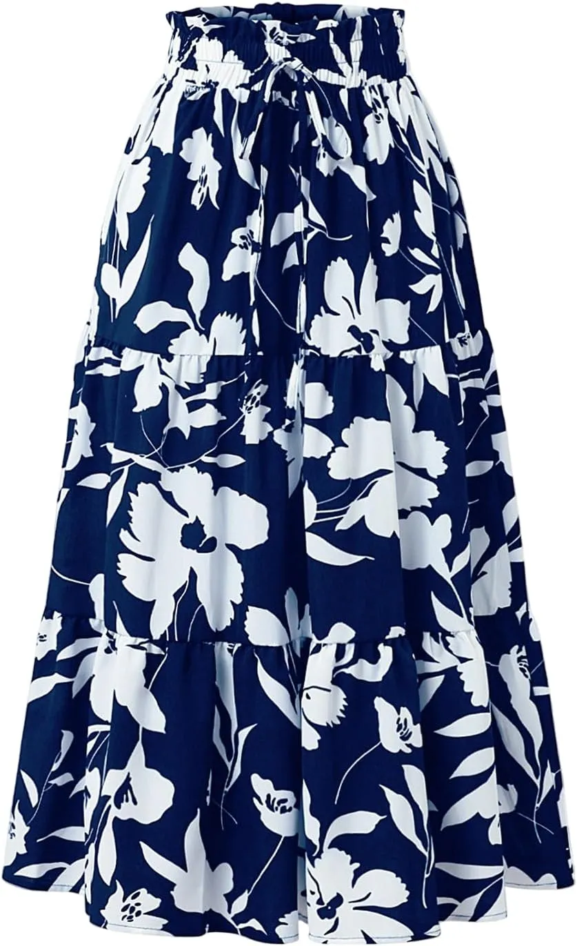 Tiered Maxi Skirts for Women Comfy Elastic High Waisted Ruffle Hem Flowy Swing Summer Cover Ups Long Skorts