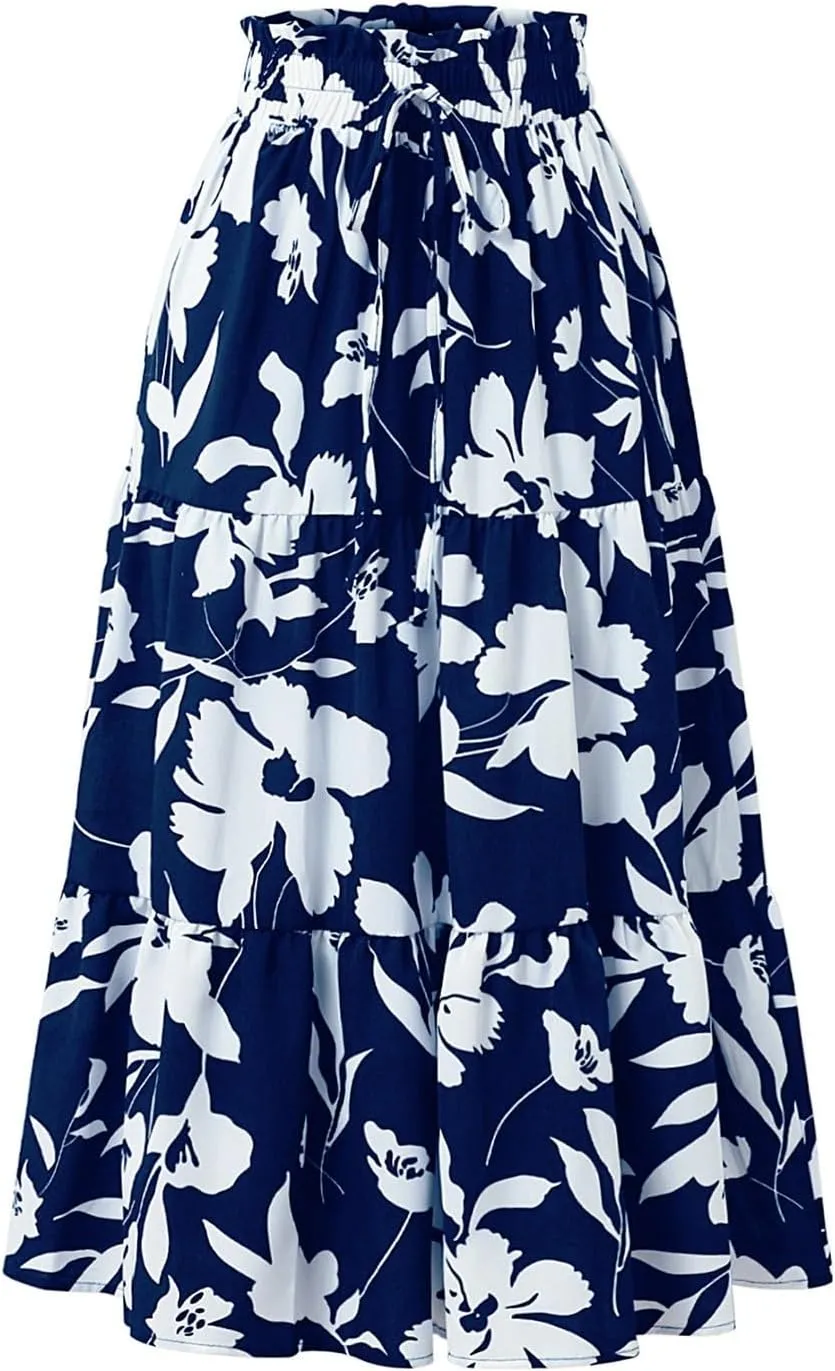 Tiered Maxi Skirts for Women Comfy Elastic High Waisted Ruffle Hem Flowy Swing Summer Cover Ups Long Skorts