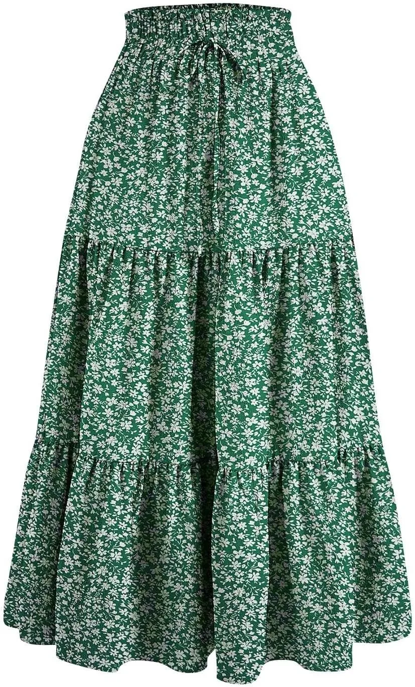 Tiered Maxi Skirts for Women Comfy Elastic High Waisted Summer Cover Ups Ruffle Hem Flowy Swing Long Skorts
