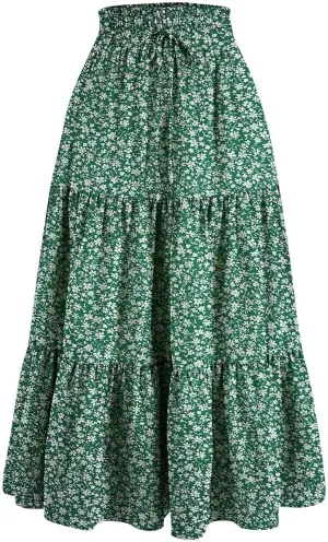 Tiered Maxi Skirts for Women Comfy Elastic High Waisted Summer Cover Ups Ruffle Hem Flowy Swing Long Skorts