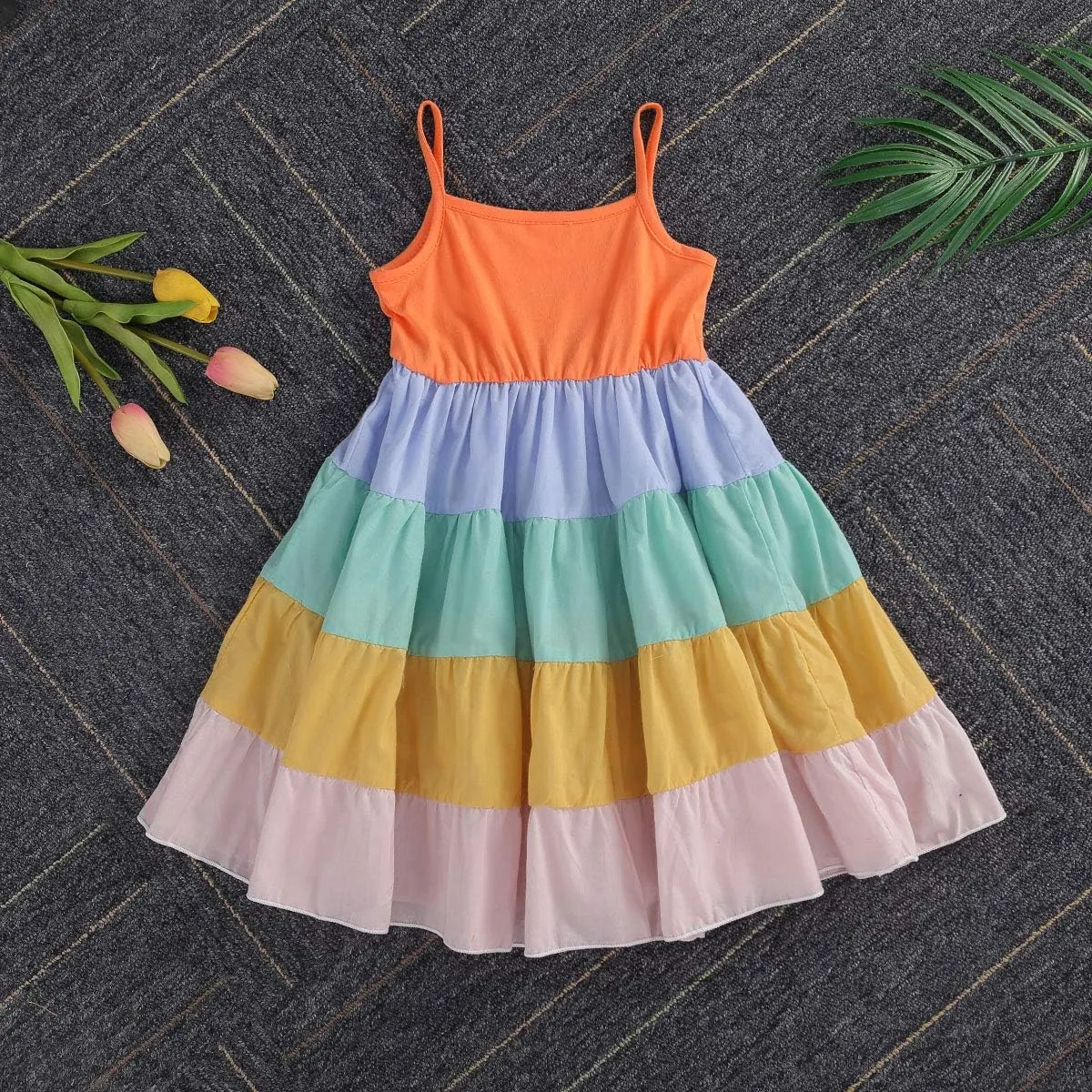 Toddler Kids Girls Summer Dress Rainbow Sleeveless Halter Beach Tutu Sundress One Piece
