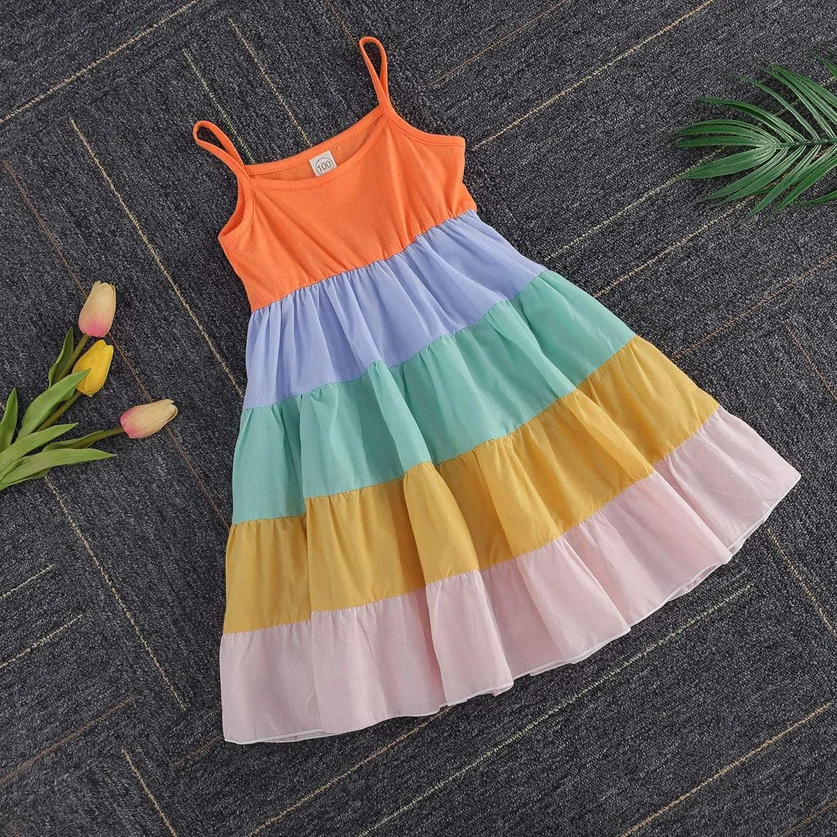 Toddler Kids Girls Summer Dress Rainbow Sleeveless Halter Beach Tutu Sundress One Piece