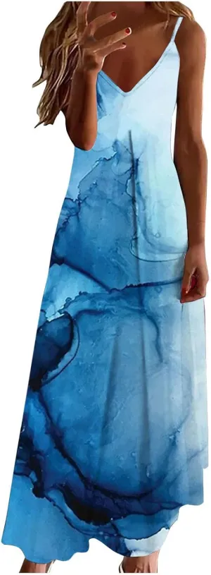 Tops 2024 Women 's Summer Spaghetti Strap Elegant Long Dresses Plus Size Vacation Flowy Beach Dress Loose Floor Length Dress Dresses for Women 2024 Casual Blue 4X
