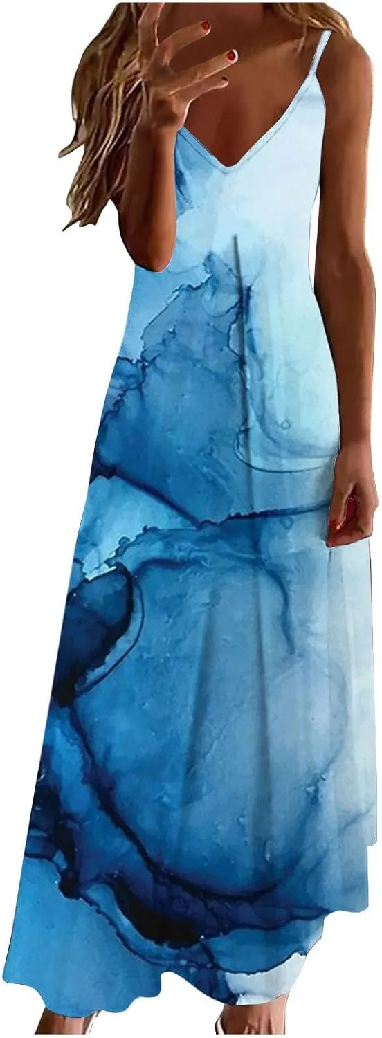 Tops 2024 Women 's Summer Spaghetti Strap Elegant Long Dresses Plus Size Vacation Flowy Beach Dress Loose Floor Length Dress Dresses for Women 2024 Casual Blue 4X