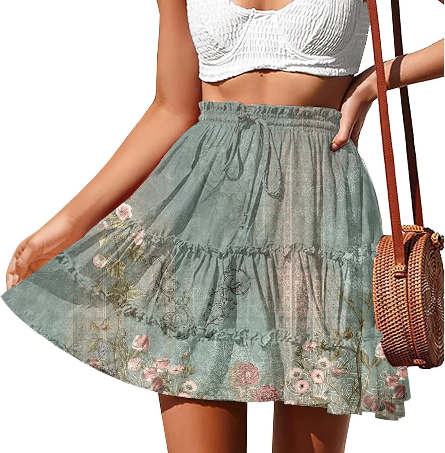 Trendy Irregular Hem Skirts for Women 2024 High Waist Tulle Loose Fit Long Skirt Pleated Printed Mesh Midi Skirts