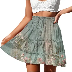 Trendy Irregular Hem Skirts for Women 2024 High Waist Tulle Loose Fit Long Skirt Pleated Printed Mesh Midi Skirts