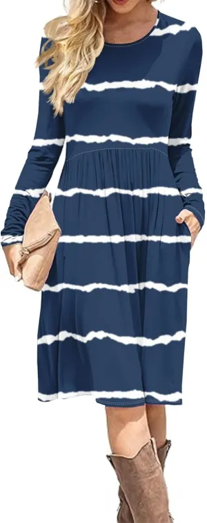 Trendy Long Sleeve Midi Dress for Women Casual Plus Size Smocked Flowy Formal Floral Pleated Swing Knee Length Dress