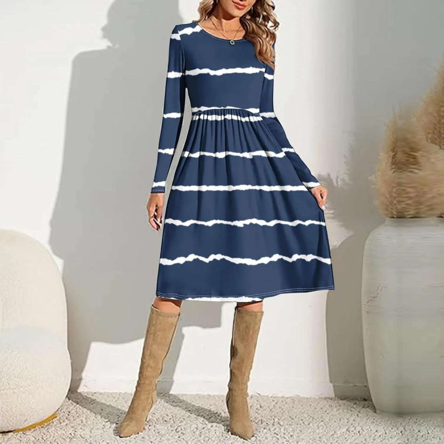 Trendy Long Sleeve Midi Dress for Women Casual Plus Size Smocked Flowy Formal Floral Pleated Swing Knee Length Dress