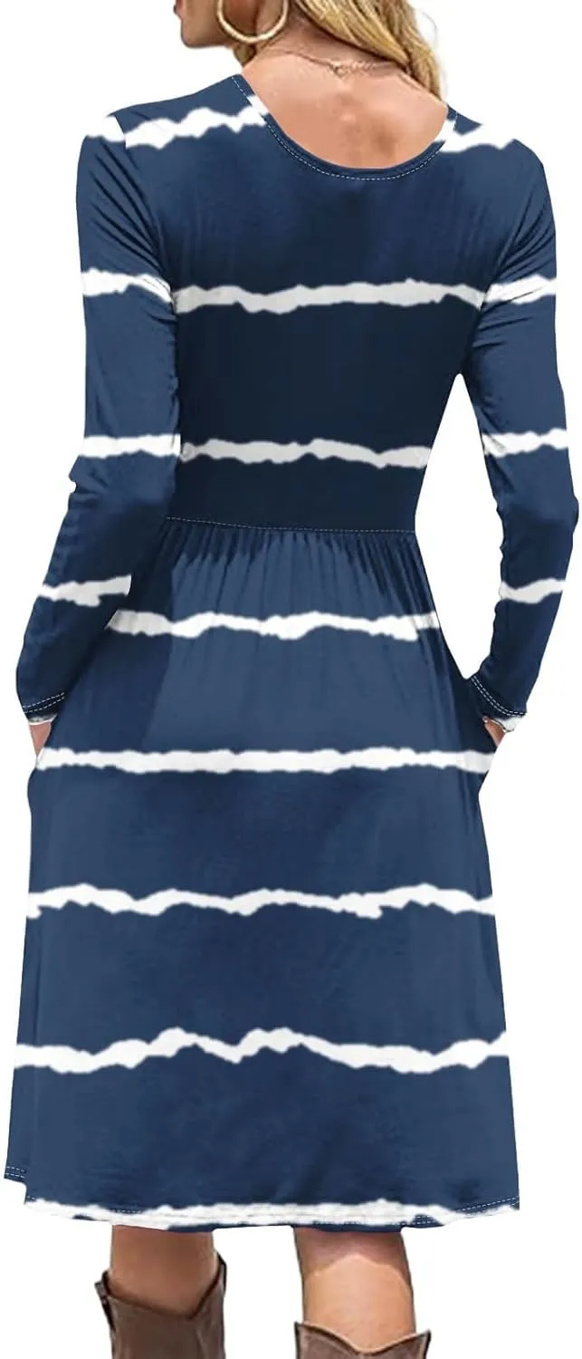 Trendy Long Sleeve Midi Dress for Women Casual Plus Size Smocked Flowy Formal Floral Pleated Swing Knee Length Dress
