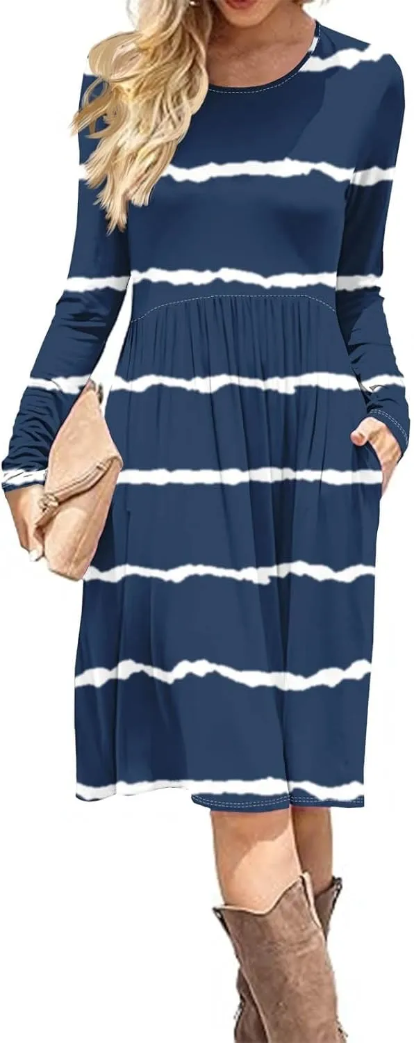 Trendy Long Sleeve Midi Dress for Women Casual Plus Size Smocked Flowy Formal Floral Pleated Swing Knee Length Dress