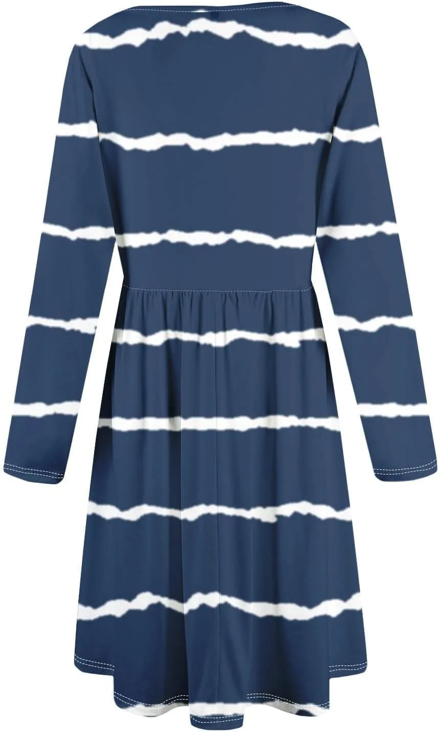 Trendy Long Sleeve Midi Dress for Women Casual Plus Size Smocked Flowy Formal Floral Pleated Swing Knee Length Dress