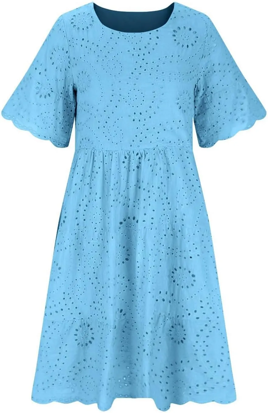 Trendy Womens Casual Dresses Eyelet Lace Tiered Mini Dress Short Sleeve Loose Fit Comfy Summer Beach Sundresses