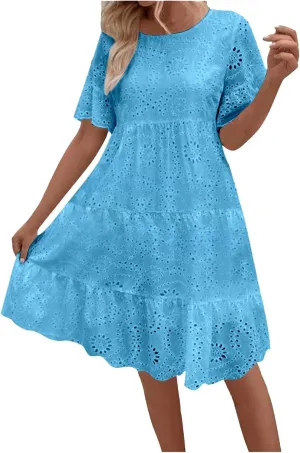 Trendy Womens Casual Dresses Eyelet Lace Tiered Mini Dress Short Sleeve Loose Fit Comfy Summer Beach Sundresses