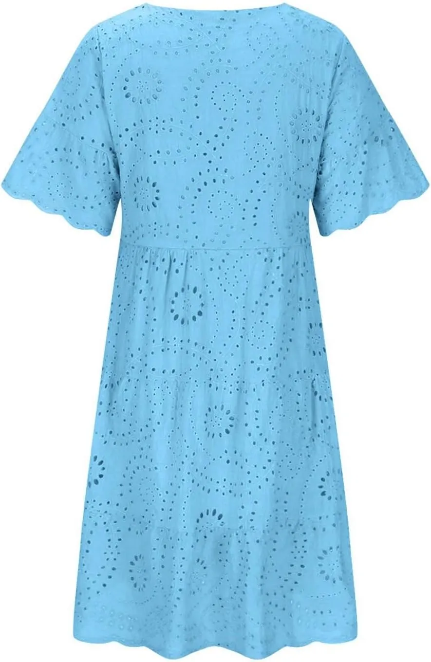 Trendy Womens Casual Dresses Eyelet Lace Tiered Mini Dress Short Sleeve Loose Fit Comfy Summer Beach Sundresses