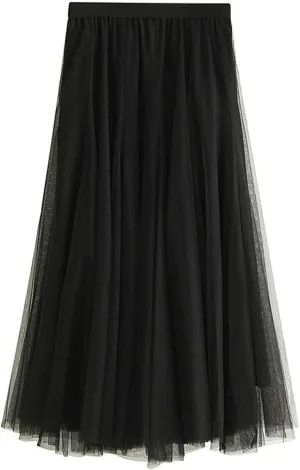 tuduoms Women's Long Tulle Tutu Skirt Teen Girls Pleated Layered Midi Skirt Sequin Flowy Maxi Skirt Dress for Wedding Party