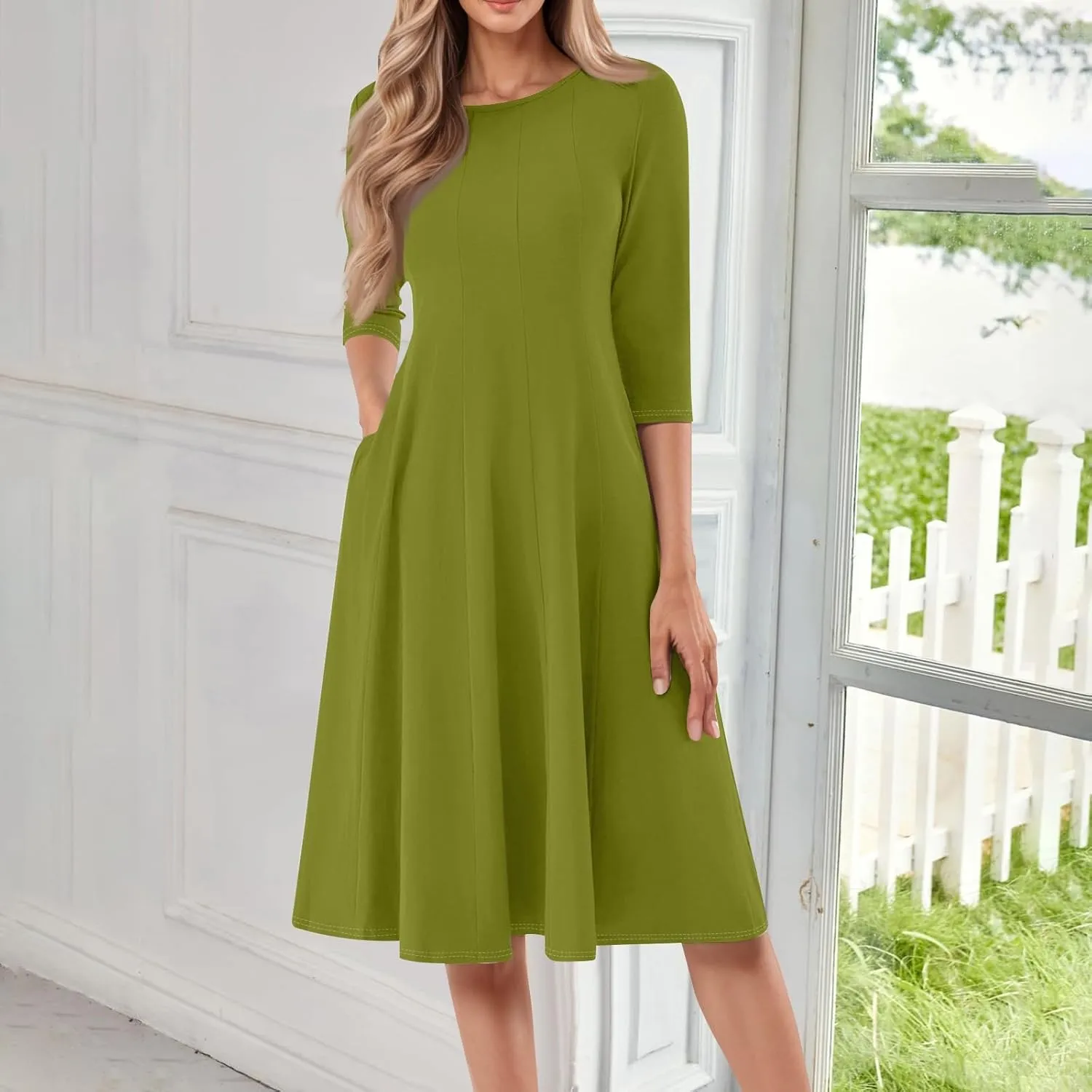TWGONE 3/4 Sleeve Fit and Flare Dresses for Women Solid Color A Line Flowy Dress Crew Neck Casual Midi Dress with Pockets