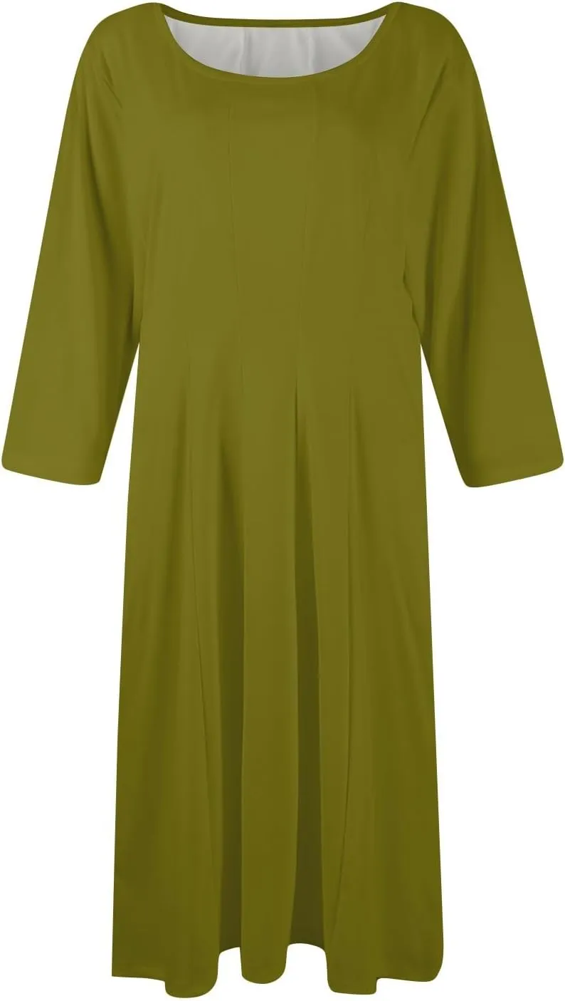 TWGONE 3/4 Sleeve Fit and Flare Dresses for Women Solid Color A Line Flowy Dress Crew Neck Casual Midi Dress with Pockets