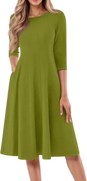 TWGONE 3/4 Sleeve Fit and Flare Dresses for Women Solid Color A Line Flowy Dress Crew Neck Casual Midi Dress with Pockets