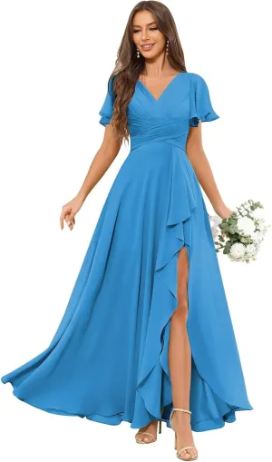 V Neck Bridesmaid Dresses for Women Short Sleeve Chiffon Pleated Ruffle Formal Party Dress