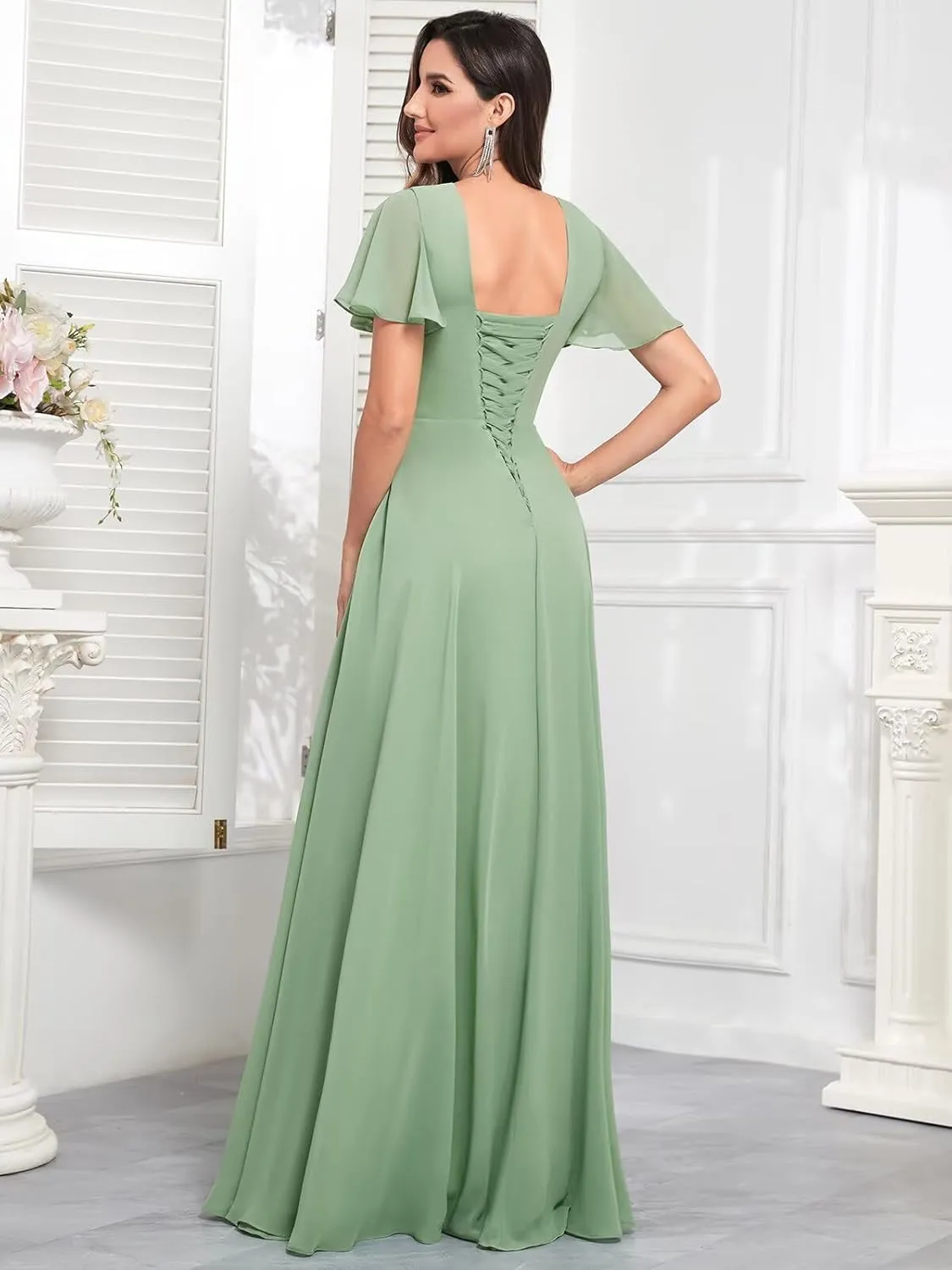 V Neck Bridesmaid Dresses for Women Short Sleeve Chiffon Pleated Ruffle Formal Party Dress