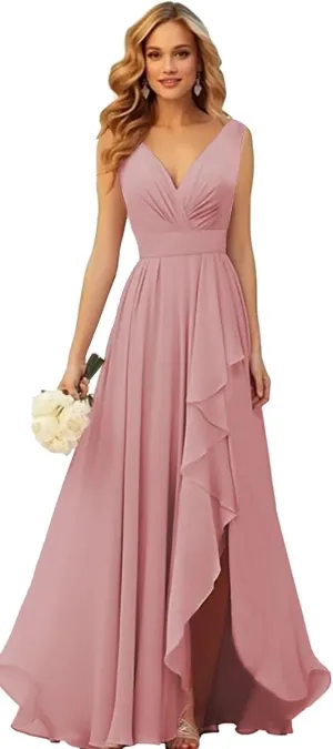 V-Neck Chiffon Ruffle Long Bridesmaid Dress with Slit Ruched A Line Formal Dresses Evening Gowns