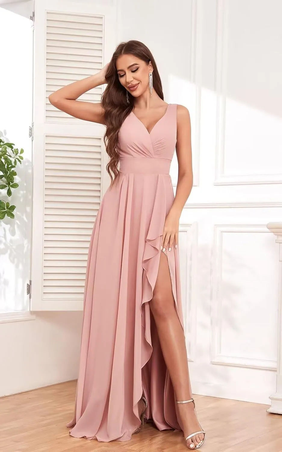 V-Neck Chiffon Ruffle Long Bridesmaid Dress with Slit Ruched A Line Formal Dresses Evening Gowns