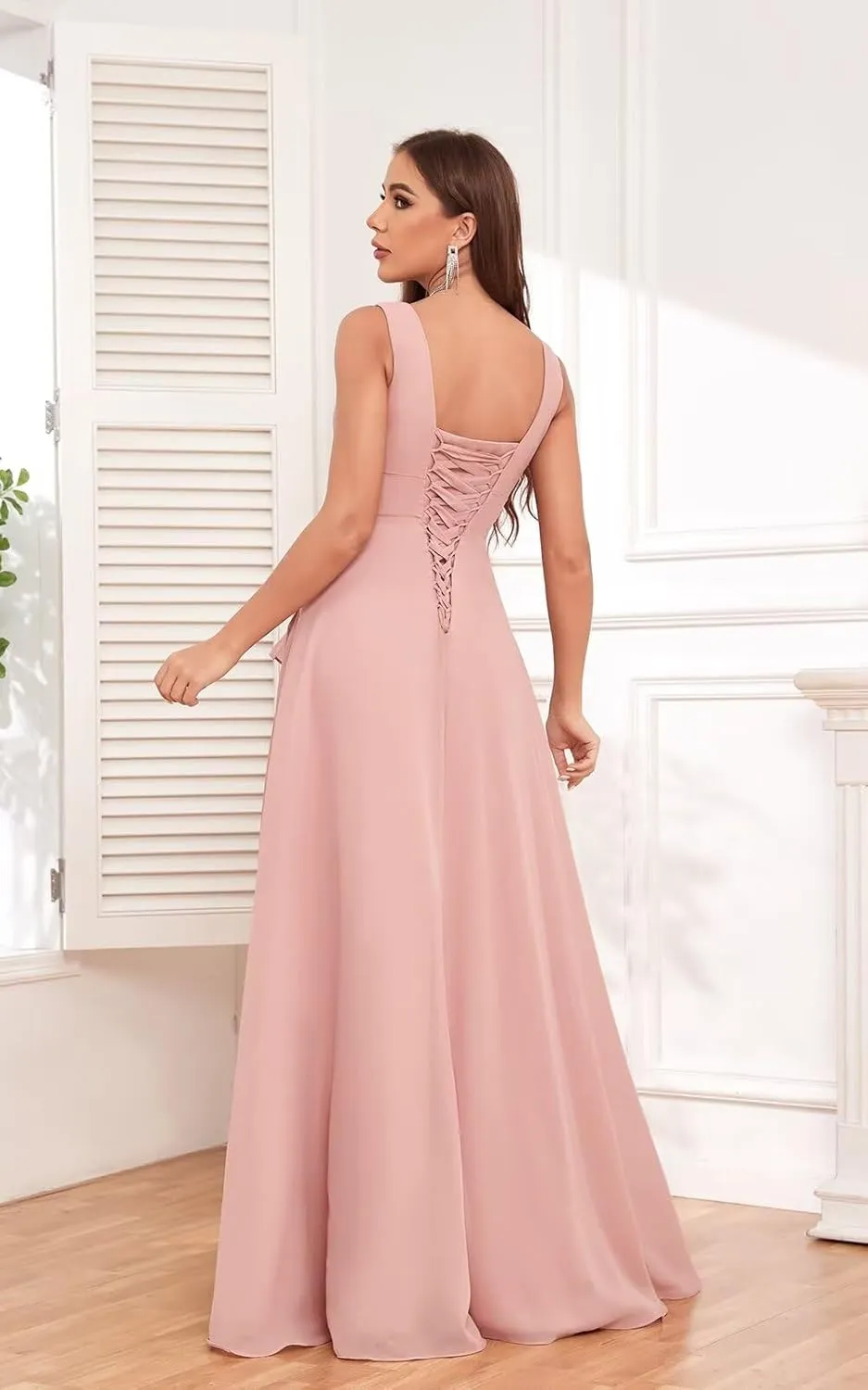 V-Neck Chiffon Ruffle Long Bridesmaid Dress with Slit Ruched A Line Formal Dresses Evening Gowns
