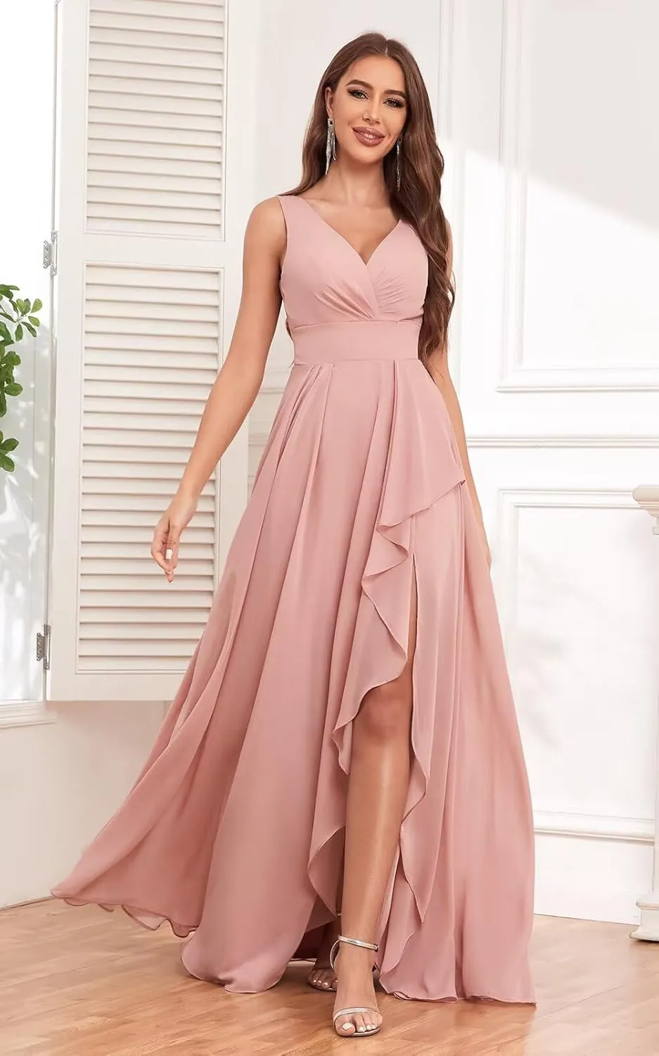 V-Neck Chiffon Ruffle Long Bridesmaid Dress with Slit Ruched A Line Formal Dresses Evening Gowns