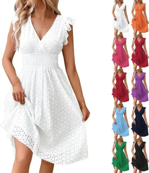 V Neck Dress for Women Sexy Summer Eyelet Empire Waist Flowy Midi Dresses Boho Beach Resort Ruffle Sleeve A Line Dress